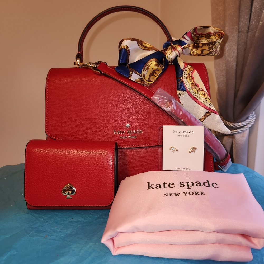 Kate Spade Red Darcy Top Handle Satchel 5 pc set w/adjustable strap